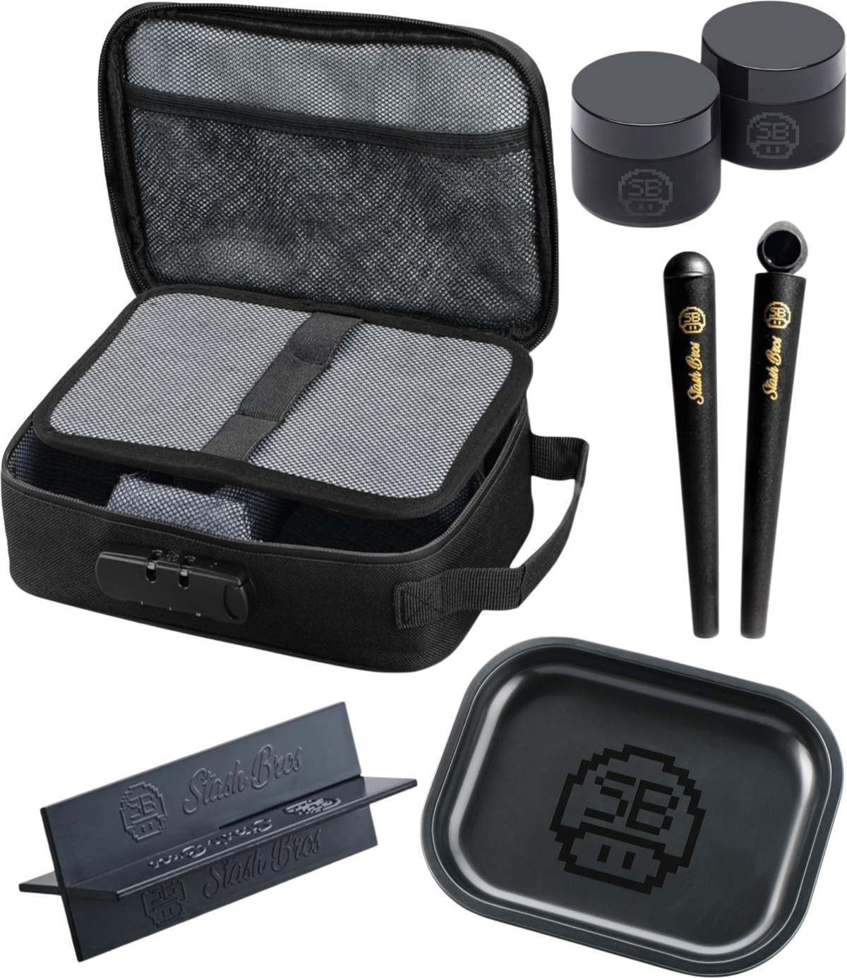 Stash Bros Smell Proof Case with 2 Airtight Tubes, Rolling Tray, V-Card and 2x UV Jar